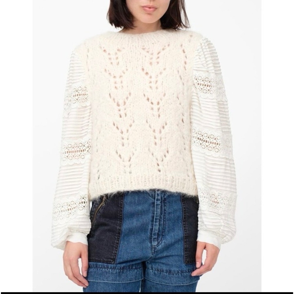 Sea New York Mixed Media Alpaca Wool Knit Lace Sleeve Sweater Cream Small